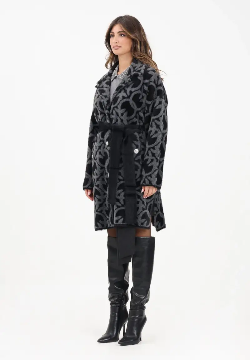 Cappotto grigio e nero da donna con fantasia logo jacquard