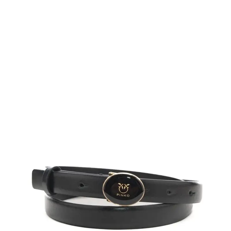 cintura da donna in vera pelle con fibbia ovale in metallo dorato e mini logo love birds nera