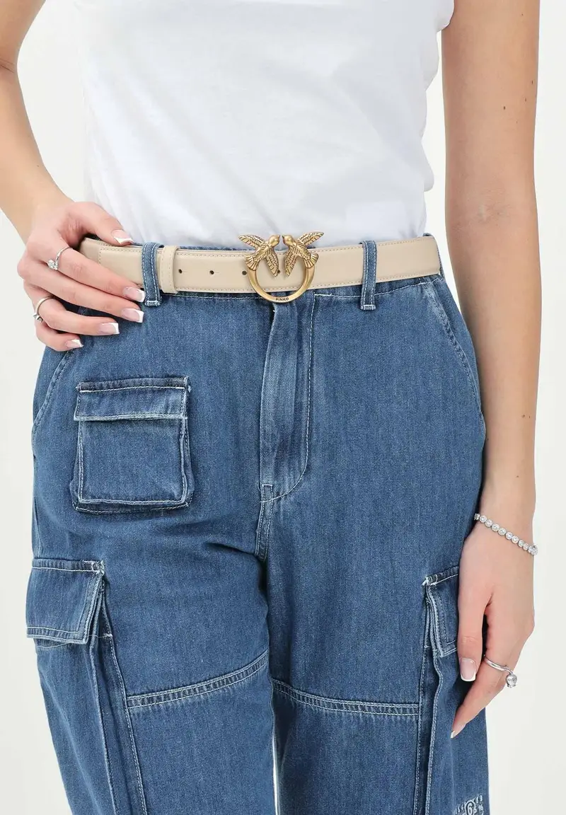 PINKO Cintura Love Birds in morbida pelle mano seta beige da donna miniatura 2