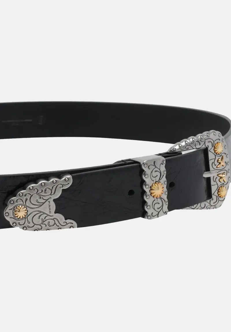 Cintura nera da donna in pelle shiny con finiture metalliche miniatura 2