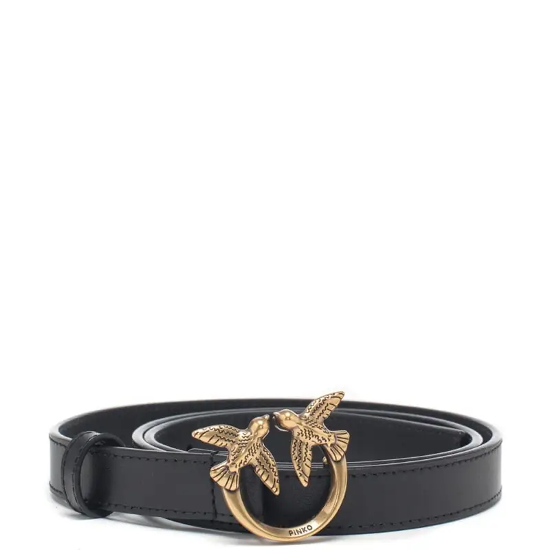 Pinko cintura sottile 2cm love birds in pelle nero oro