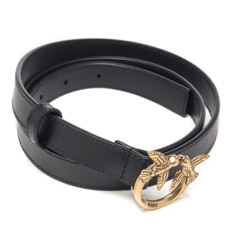 Pinko cintura sottile 2cm love birds in pelle nero oro miniatura 2