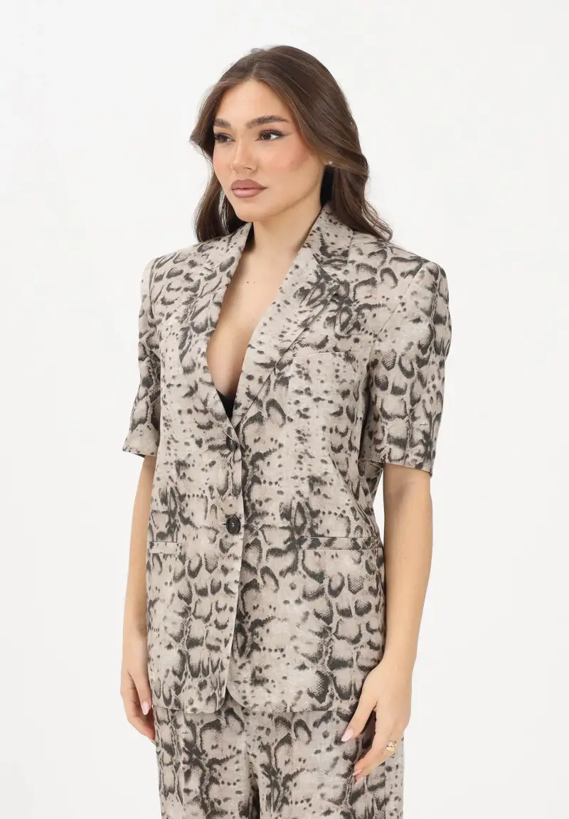 Giacca a manica corta beige da donna con stampa snake