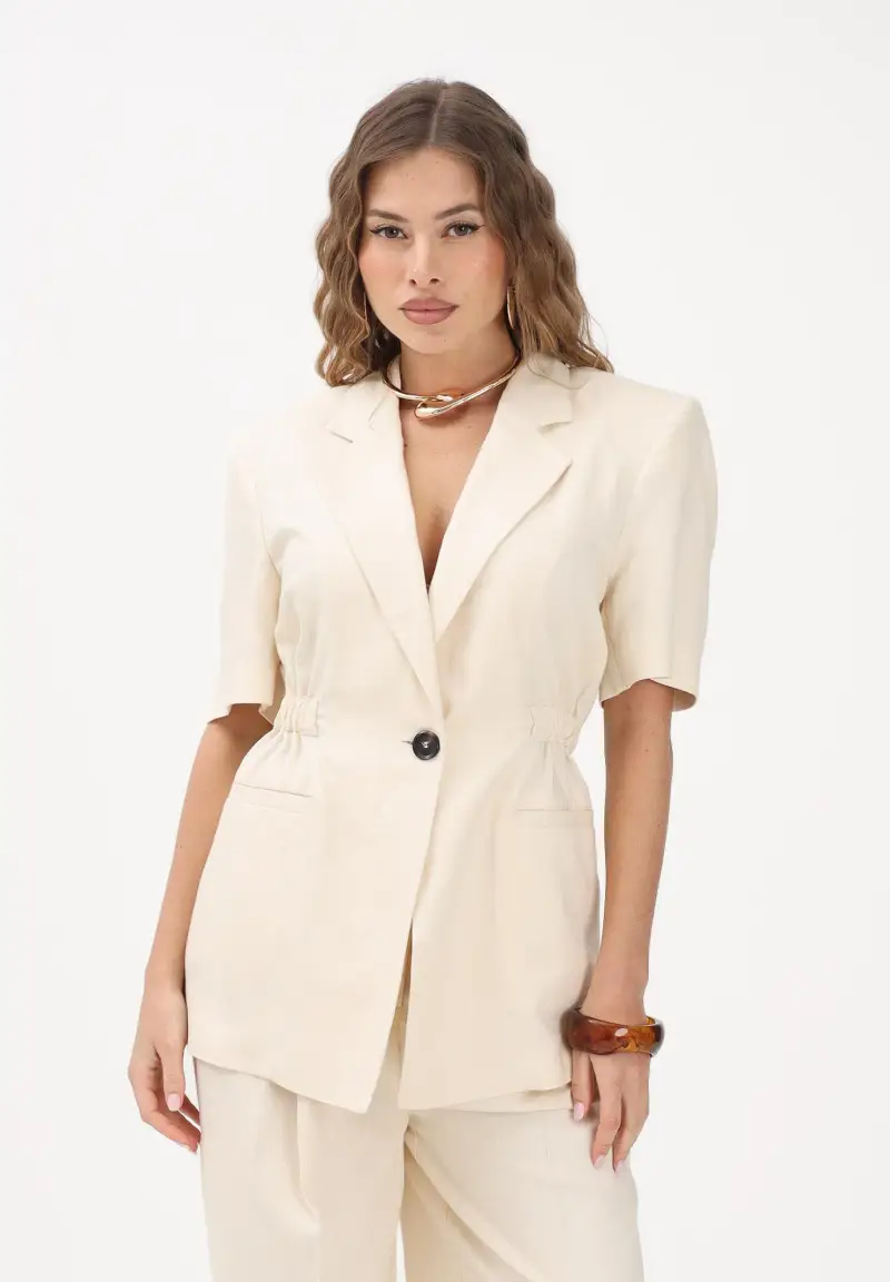 Giacca a manica corta panna da donna con vita elasticizzata miniatura 2