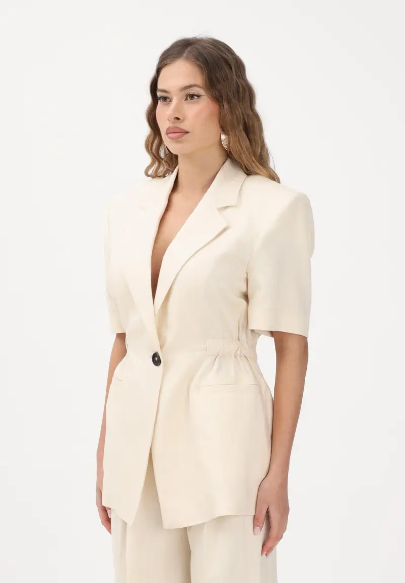 Giacca a manica corta panna da donna con vita elasticizzata