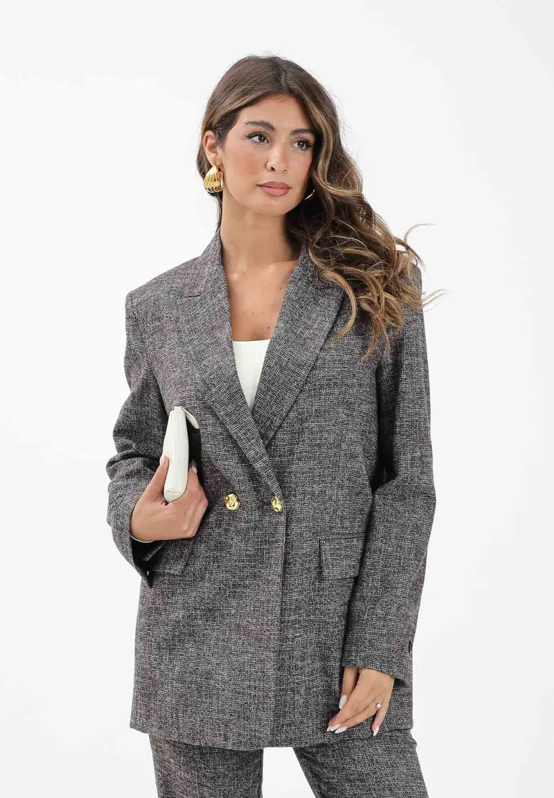 Giacca doppiopetto marrone da donna in flanella miniatura 2