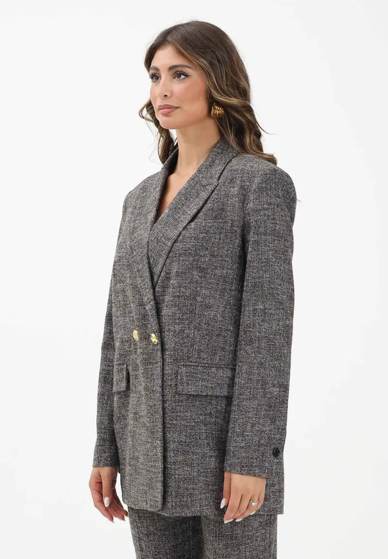 Giacca doppiopetto marrone da donna in flanella