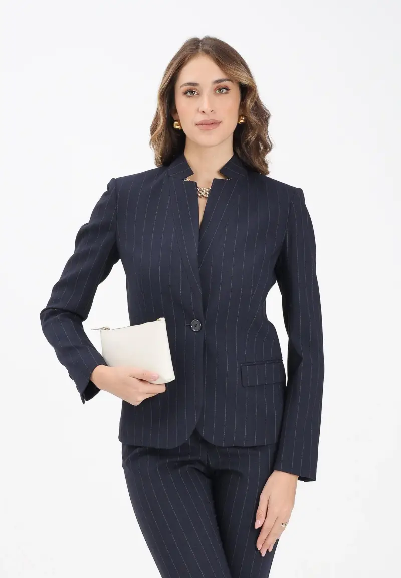 Giacca monopetto blu da donna con motivo gessato miniatura 2