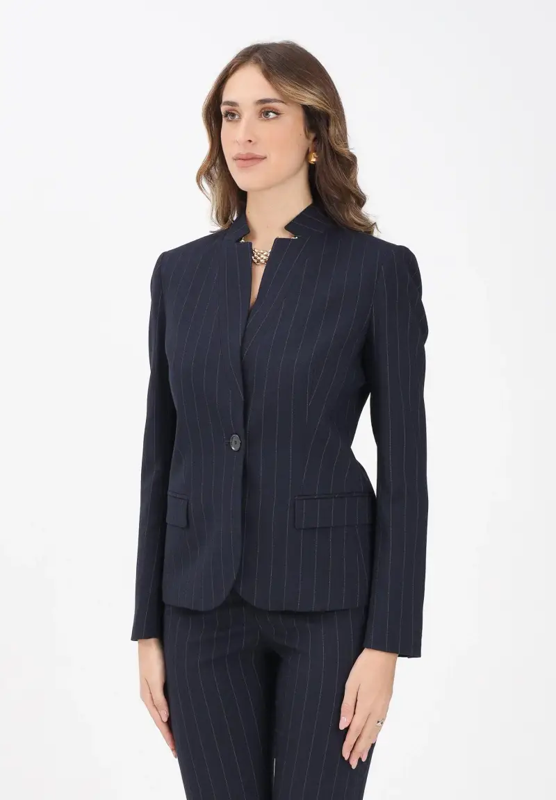 Giacca monopetto blu da donna con motivo gessato