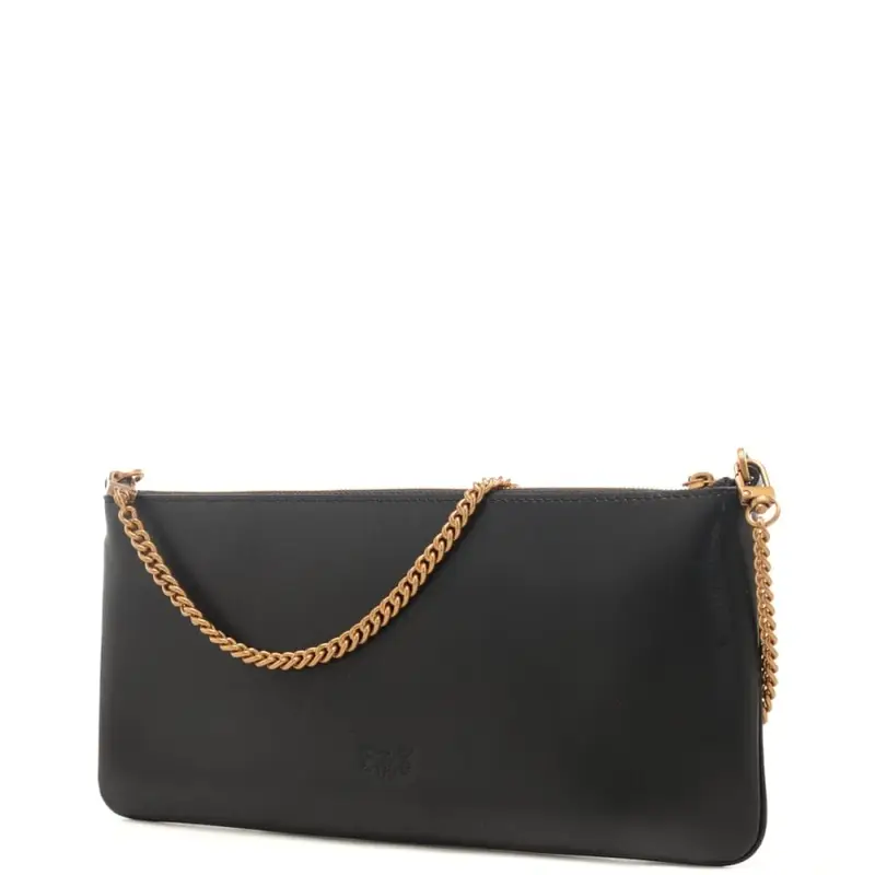 horizontal flat vitello seta con catena fine e busta in pelle nero oro miniatura 3
