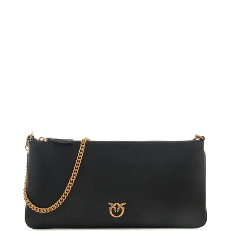 horizontal flat vitello seta con catena fine e busta in pelle nero oro
