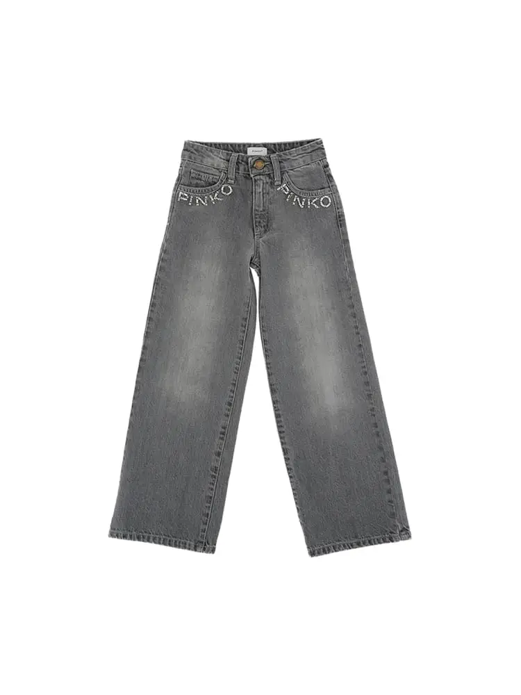 jeans kids/junior straight con logo pietre grigio