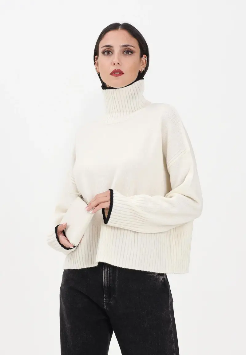 Maglia a collo alto panna da donna con logo sul retro miniatura 2