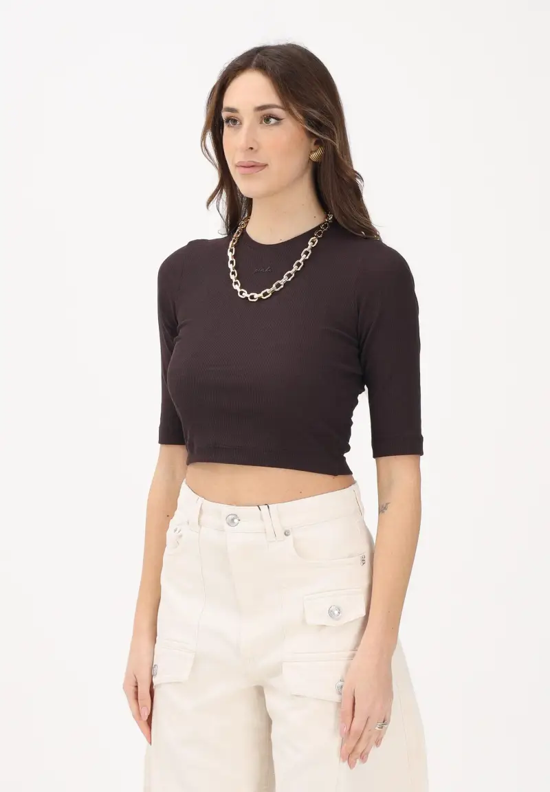 Maglia a manica corta marrone da donna con catena