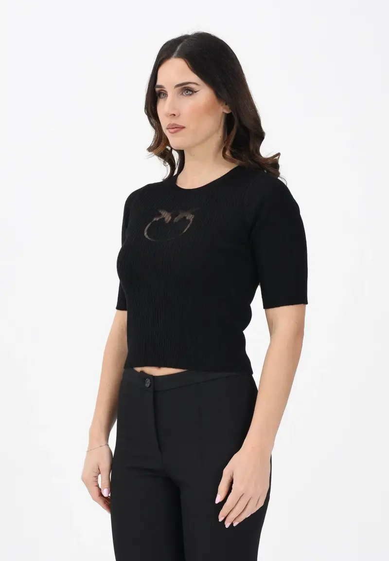 Maglia a manica corta nera da donna con logo