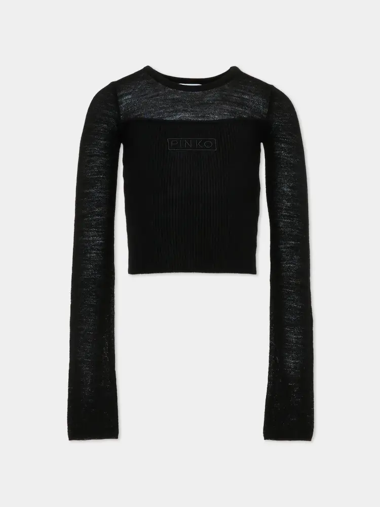 maglia nera bambina in misto viscosa logo sul davanti