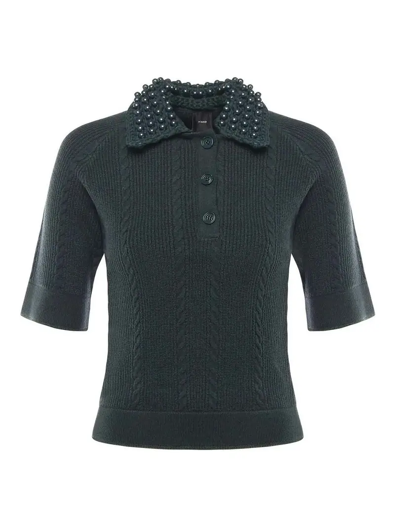 Maglia Stile Polo Con Perle Blu