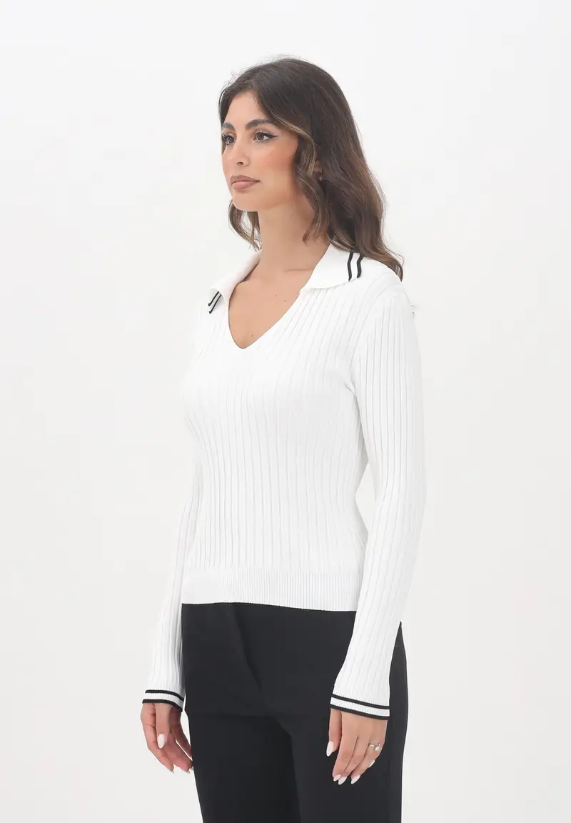 PINKO Maglioncino con scollo a V bianco da donna con profili a righe nere