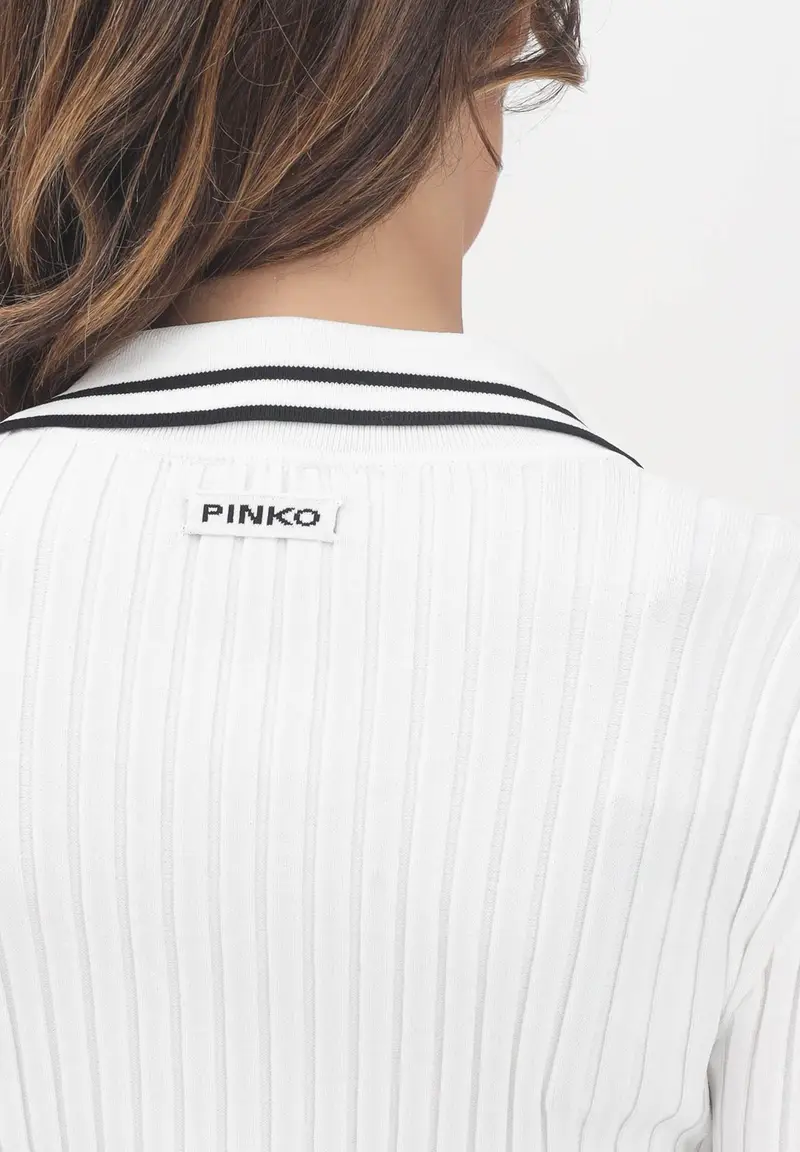PINKO Maglioncino con scollo a V bianco da donna con profili a righe nere miniatura 2