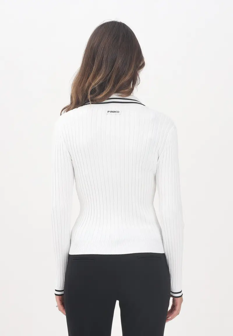 PINKO Maglioncino con scollo a V bianco da donna con profili a righe nere miniatura 3