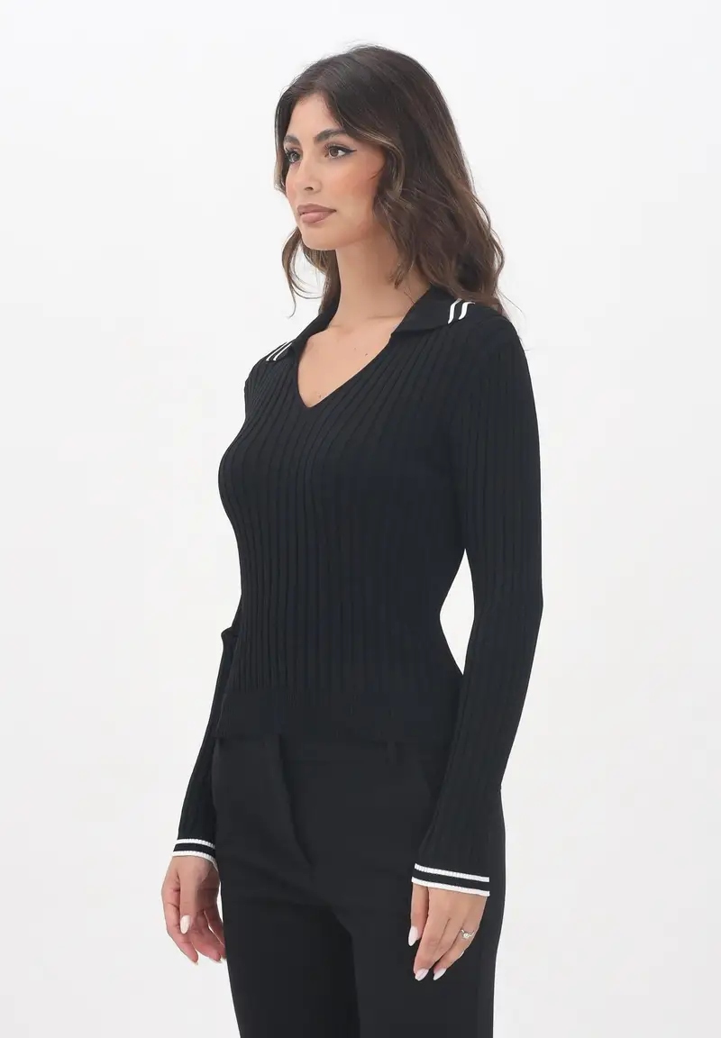 PINKO Maglioncino con scollo a V nero da donna con profili a righe nere