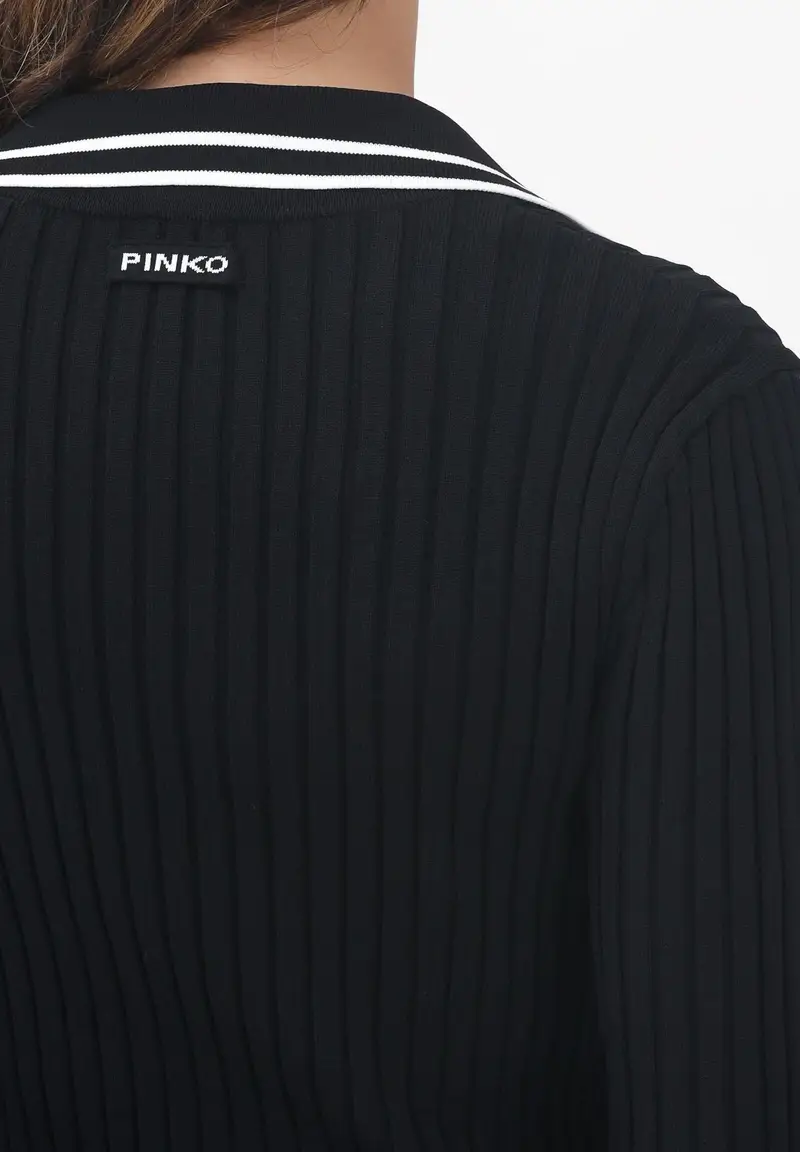 PINKO Maglioncino con scollo a V nero da donna con profili a righe nere miniatura 2