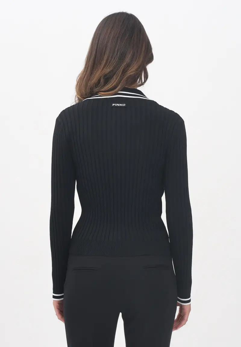 PINKO Maglioncino con scollo a V nero da donna con profili a righe nere miniatura 3