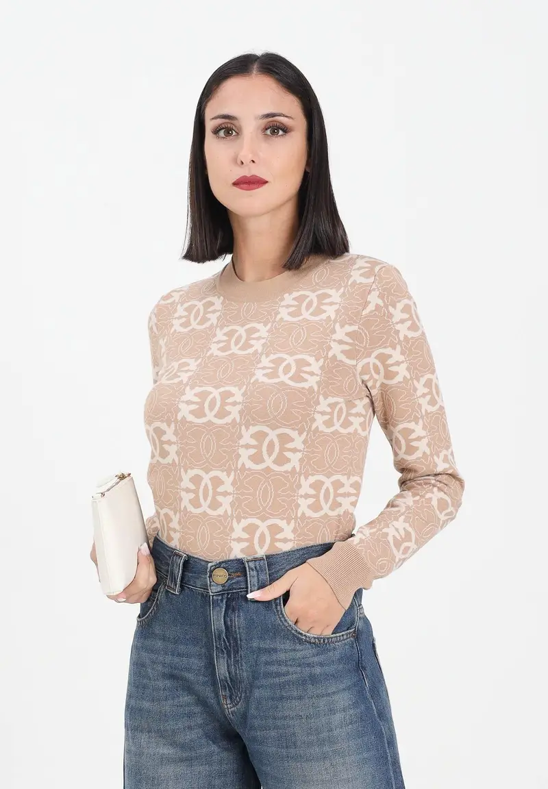 Maglioncino girocollo beige da donna con logo Love Birds miniatura 2