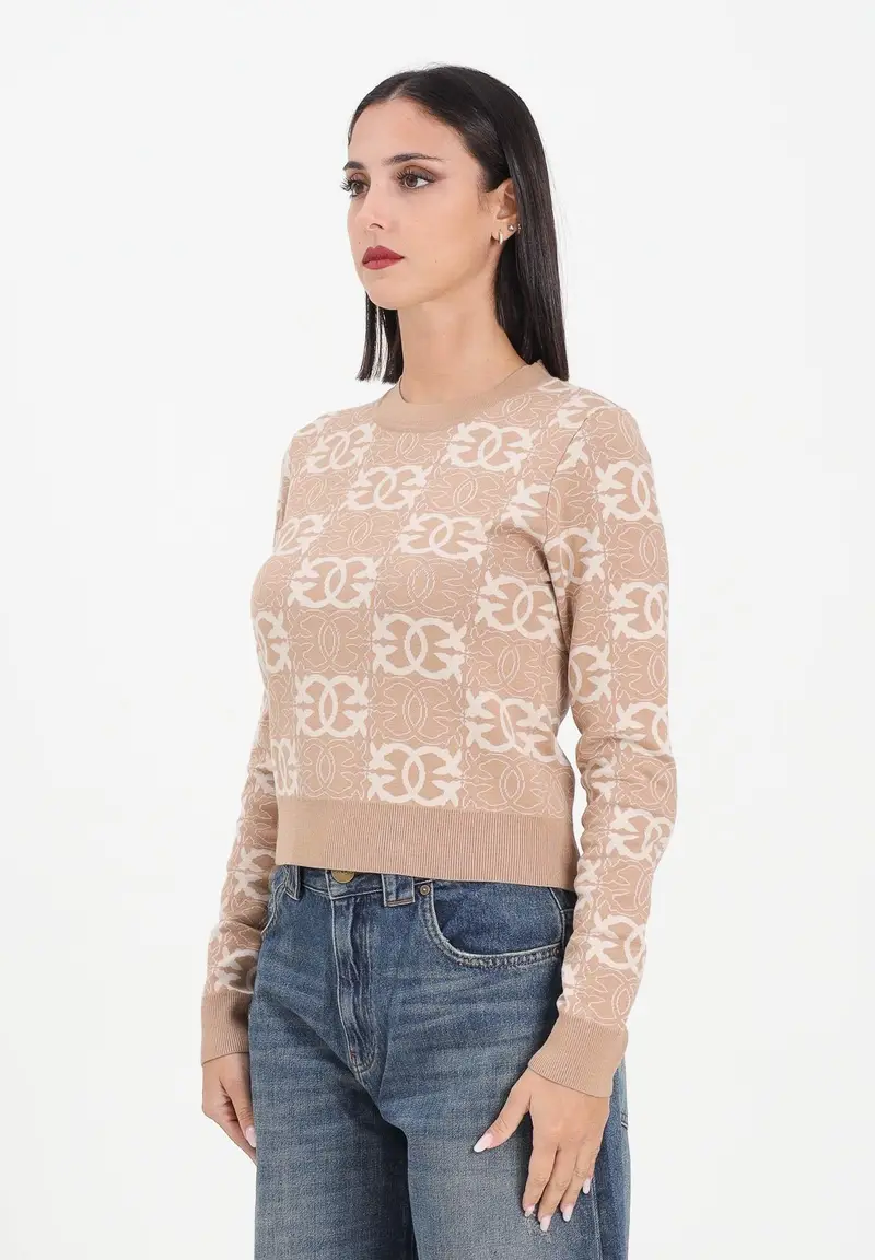 Maglioncino girocollo beige da donna con logo Love Birds