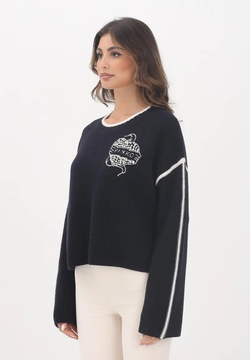 PINKO Maglioncino girocollo blu da donna con ricamo