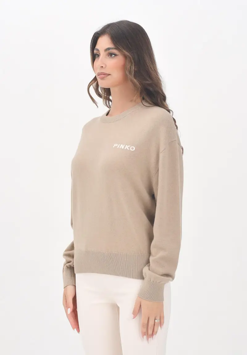 PINKO Maglioncino girocollo cammello da donna con maxi logo