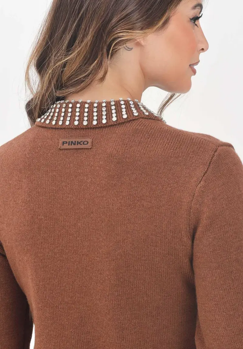 PINKO Maglioncino marrone da donna con colletto impreziosito da pietre gioiello miniatura 2