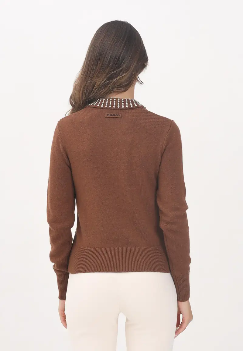 PINKO Maglioncino marrone da donna con colletto impreziosito da pietre gioiello miniatura 3