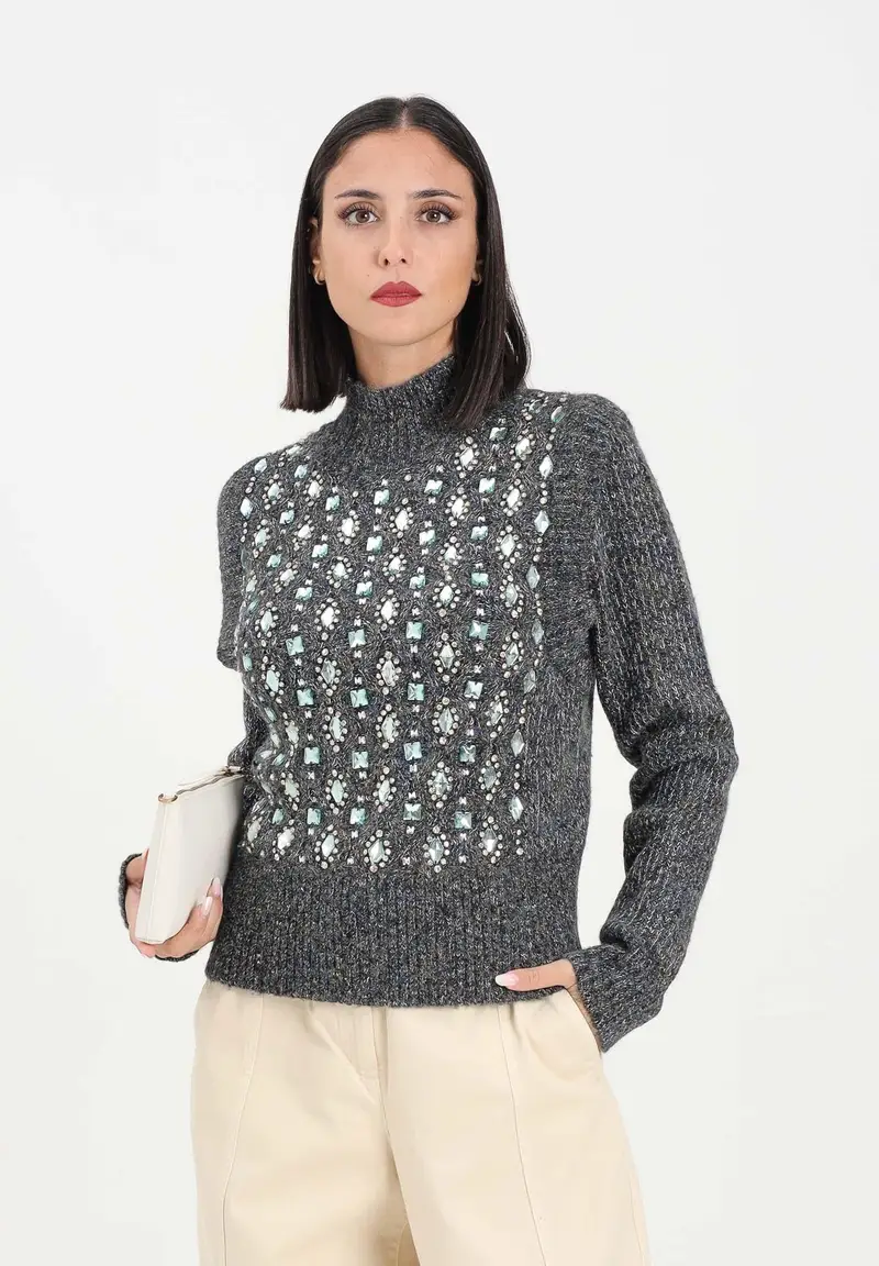 Maglione in filato mélange blu e verde da donna con ricamo pietre miniatura 2