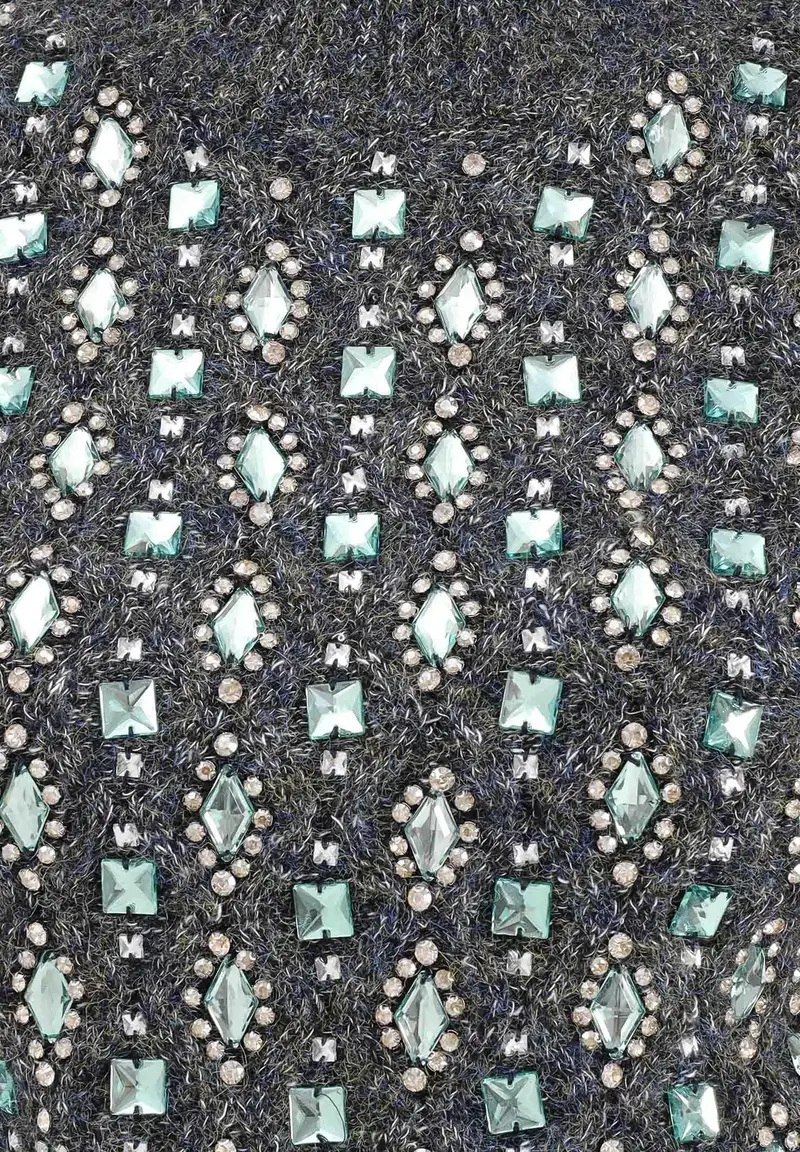 Maglione in filato mélange blu e verde da donna con ricamo pietre miniatura 3