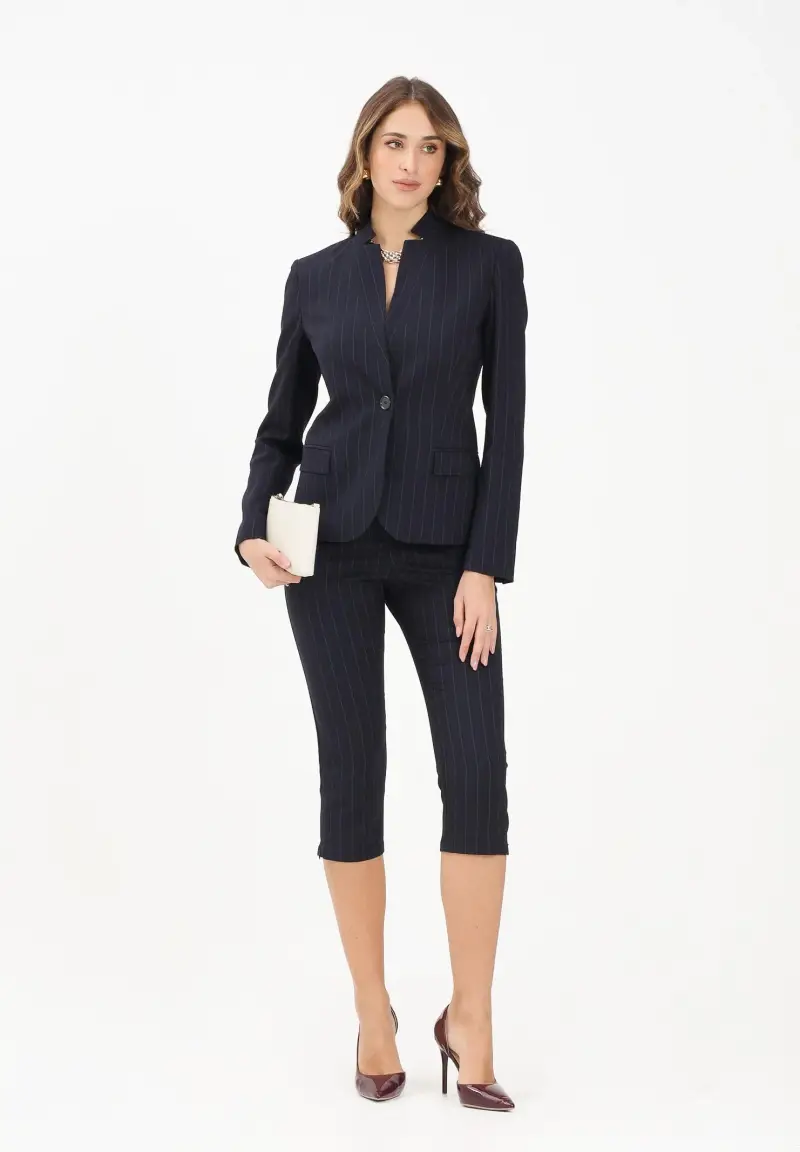 Pantalone cropped blu da donna con motivo gessato miniatura 2