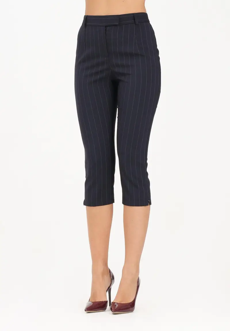 Pantalone cropped blu da donna con motivo gessato