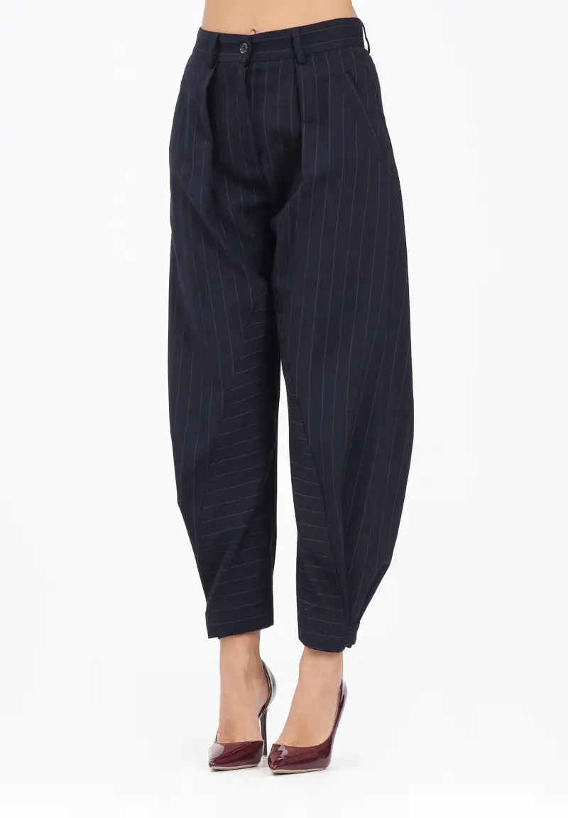 Pantalone elegante balloon-fit blu da donna con motivo gessato