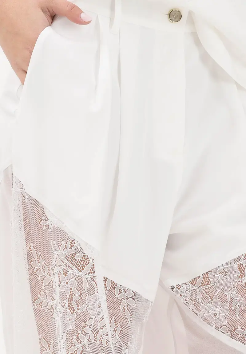 Pantalone elegante bianco da donna con inserti in pizzo miniatura 3