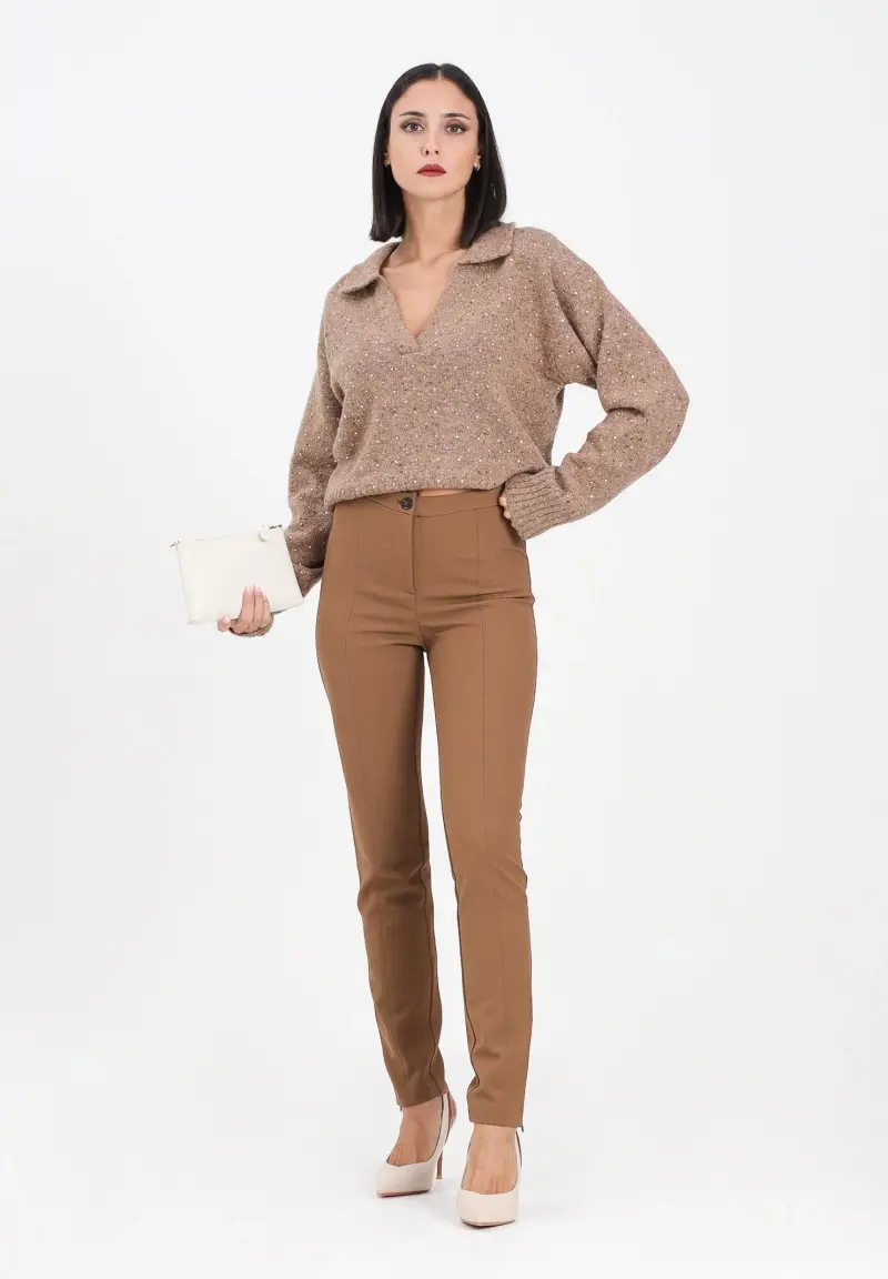 Pantalone elegante cammello da donna con fondo regolabile miniatura 2