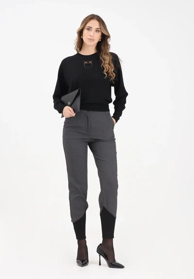 Pantalone elegante grigio da donna con inserto in maglia nera a costine miniatura 2