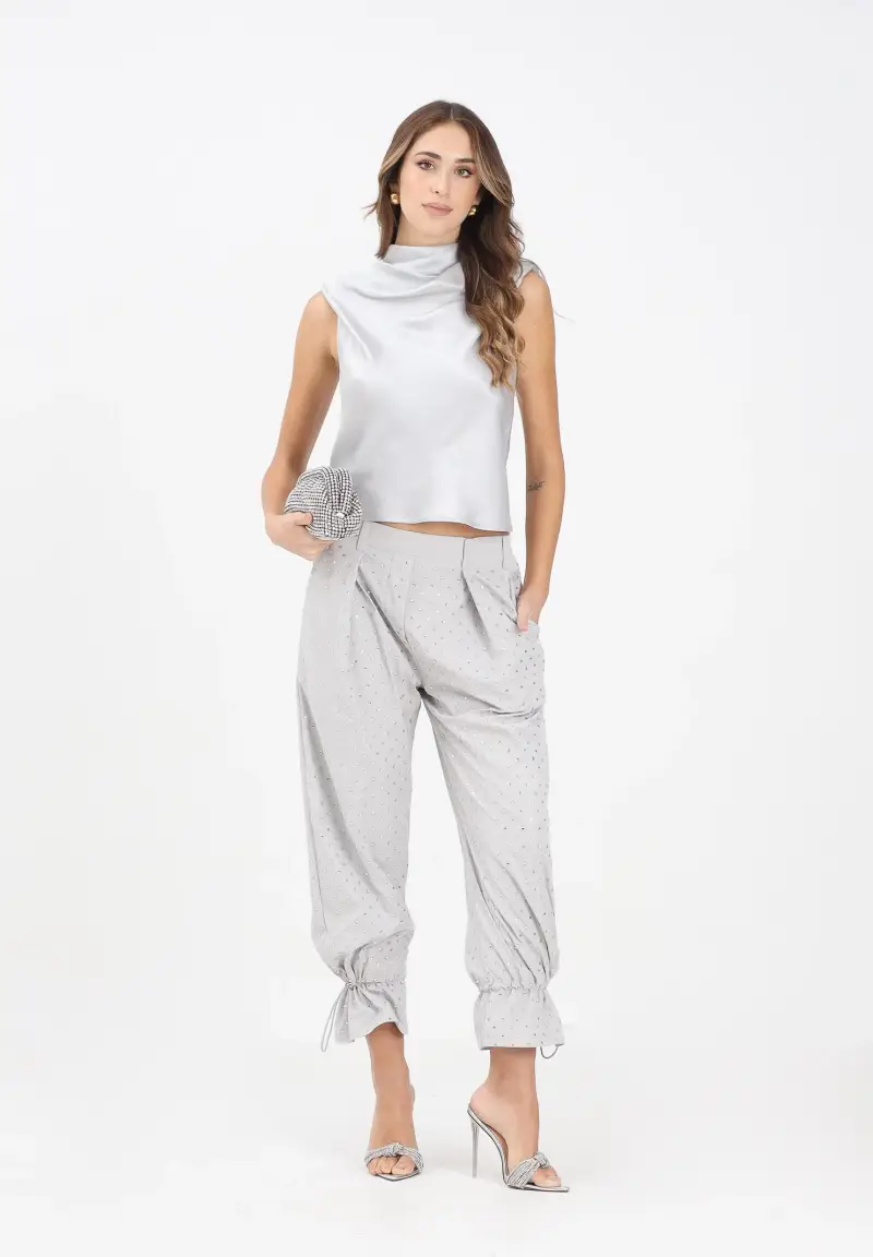 Pantalone grigio da donna con strass e borchie miniatura 2