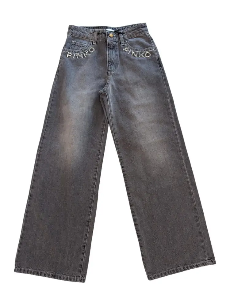 pantalone in denim grigio bambina logo con strass