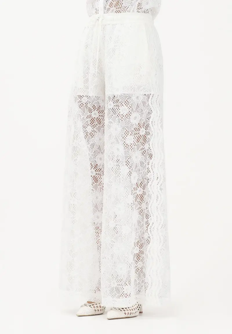 Pantalone LAURIE bianco da donna in pizzo rebrodé floreale