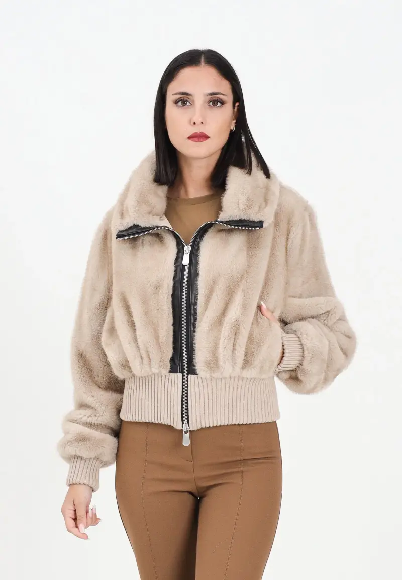 Pelliccia corta beige da donna miniatura 2