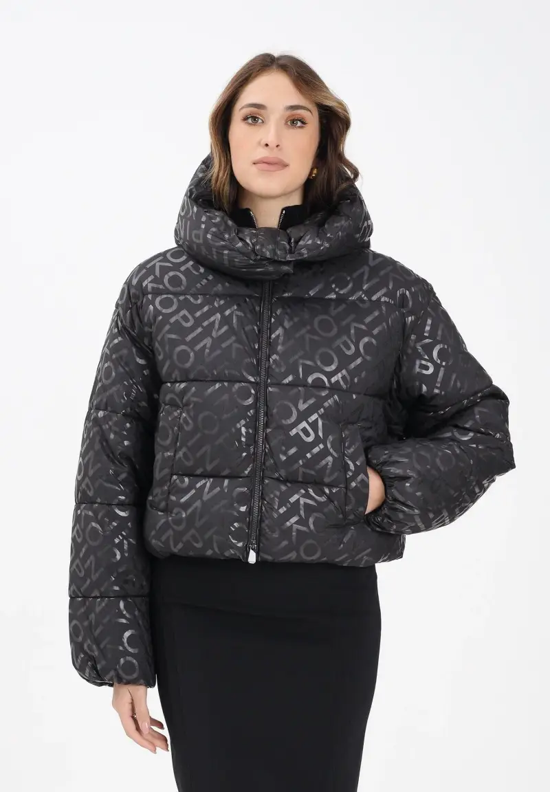 Piumino nero da donna con logo all-over miniatura 2