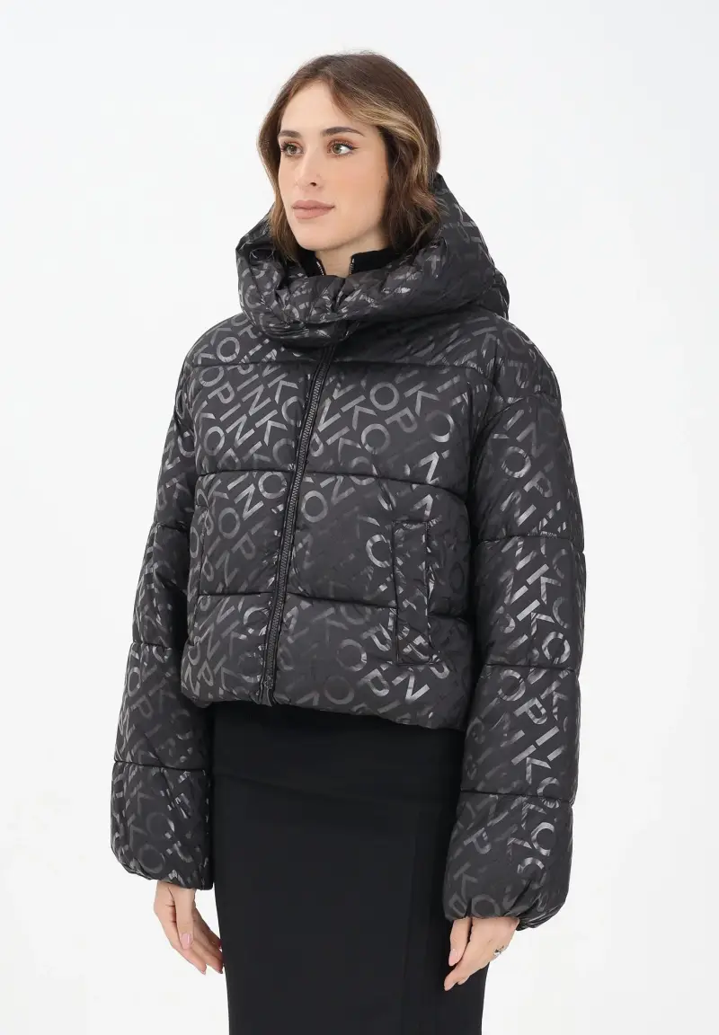 Piumino nero da donna con logo all-over