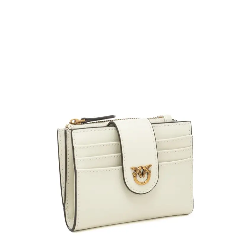 portacarte da donna in vera pelle con zip e bottone automatico avorio oro miniatura 2