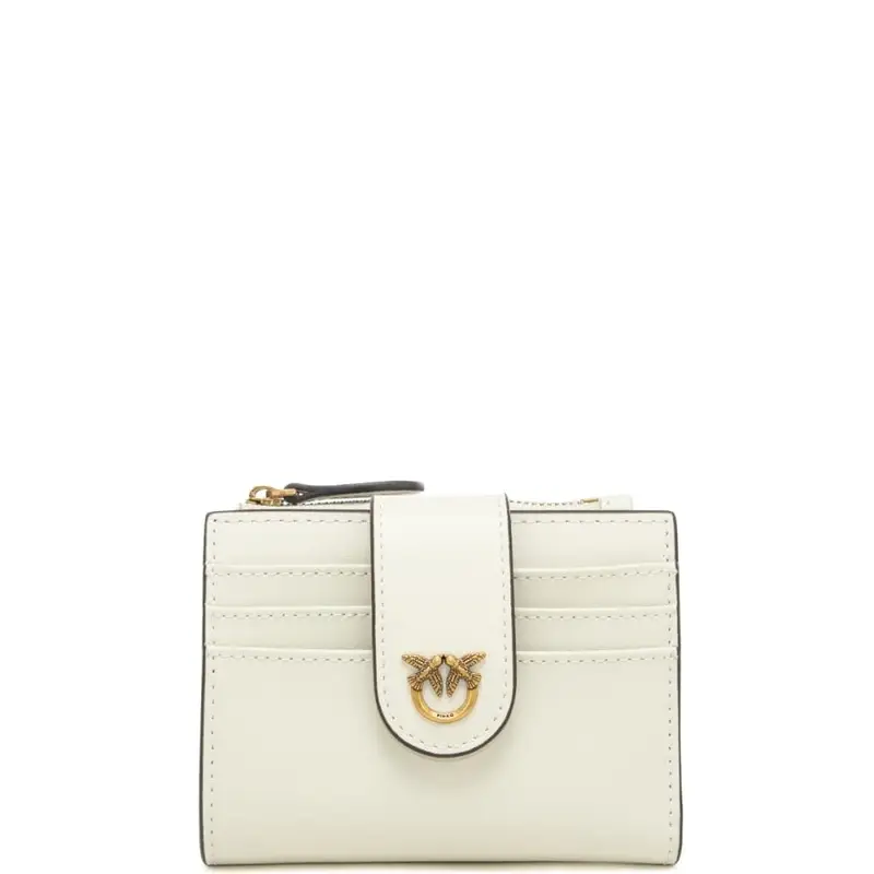 portacarte da donna in vera pelle con zip e bottone automatico avorio oro