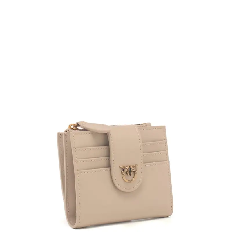 portacarte da donna in vera pelle con zip e bottone automatico beige grigio miniatura 2